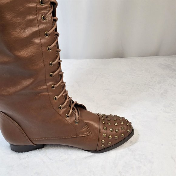 Pink Dutchess Chunky Heel Lace-Up Over The Knee Riding Boots With Studds - Picture 7 of 9